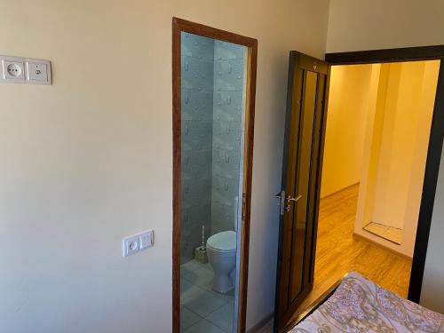 a bathroom with a toilet and a glass door at Karine B&B in Yeghegnadzor