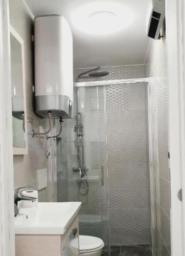 a bathroom with a shower and a toilet and a sink at Viking Sweet in Split