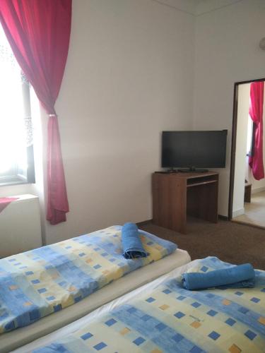 a bedroom with two beds and a tv and a mirror at Penzion U Jezu Dobronice in Dobronice