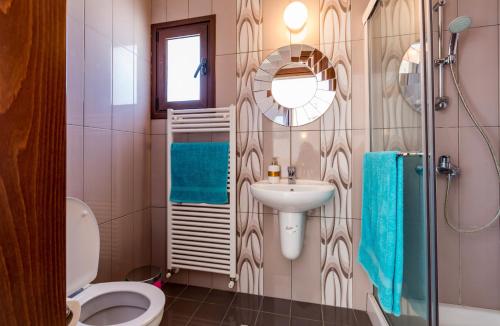 a bathroom with a toilet and a sink and a mirror at SunShine Villa Paphos in Nicosia