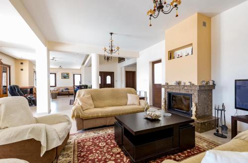 a living room with a couch and a fireplace at SunShine Villa Paphos in Nicosia