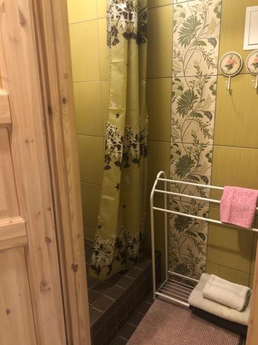 a shower with a shower curtain in a bathroom at Posti Old Town Apartment in Viljandi