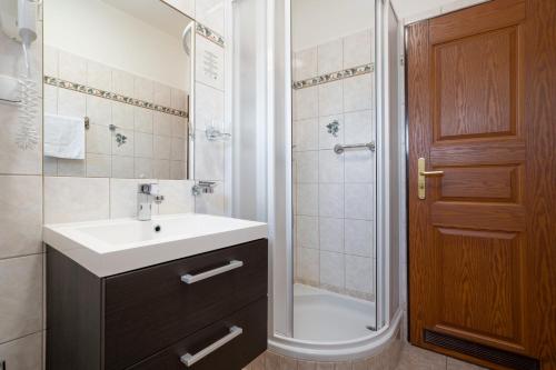 a bathroom with a sink and a shower with a mirror at Penzion Balcony in Český Krumlov