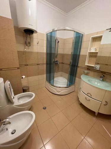 uma casa de banho com um lavatório, um WC e um espelho. em MAK Apartments em Tirana