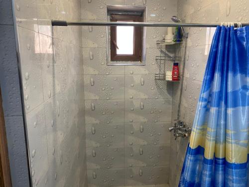 a shower with a blue shower curtain and a window at Karine B&B in Yeghegnadzor