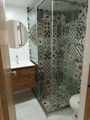 亞美尼亞的住宿－Apartamento vacacional amoblado，带淋浴、水槽和卫生间的浴室