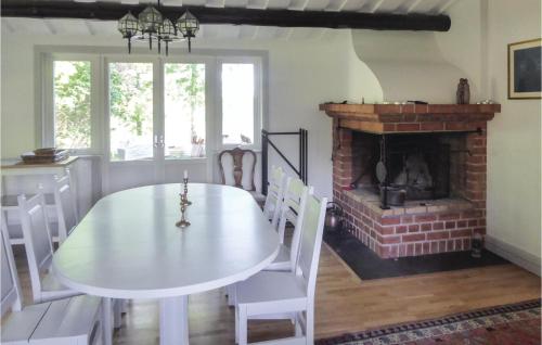 a dining room with a table and a fireplace at Cozy Home In Kvicksund With Sauna in Kvicksund