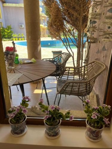 切爾諾莫雷茨的住宿－Къмпинг градина луксозен апартамент，一个带桌椅的窗户和一个游泳池