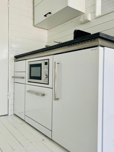 a microwave on top of a refrigerator in a kitchen at Seehütte Neusiedlersee - Strandhaus, Elektroboot inklusive in Rust