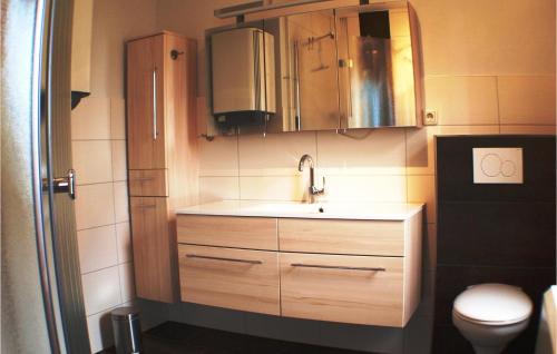 ein kleines Bad mit einem Waschbecken und einem WC in der Unterkunft Beautiful Home In Fuhlendorf With 3 Bedrooms And Wifi in Fuhlendorf