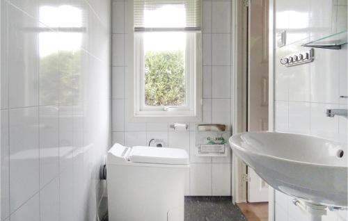 a bathroom with a sink and a toilet and a window at Cozy Home In Kleppe With House Sea View in Orre