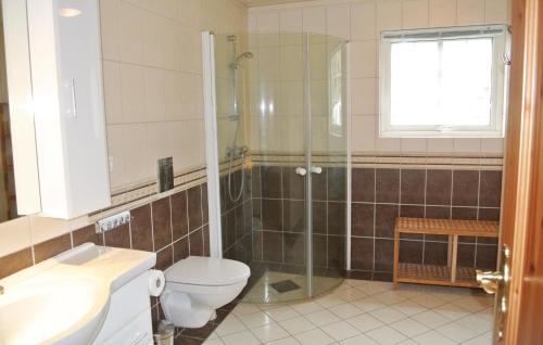 a bathroom with a shower and a toilet and a sink at Awesome Home In Hemsedal With 4 Bedrooms And Sauna in Hemsedal