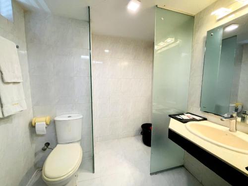 a bathroom with a toilet, sink, and shower at Hotel Kollol by J&Z Group in Cox's Bazar