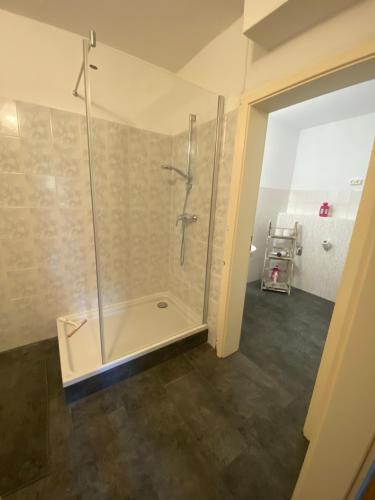 ein Bad mit einer Dusche und einer Glastür in der Unterkunft Osthafen I in Berlin