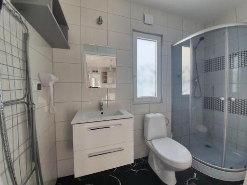 a bathroom with a toilet and a sink and a shower at Apartamenty i Domki PrzystańTu in Jastarnia