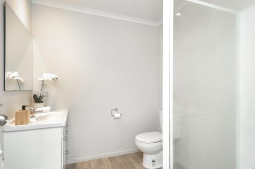 Baño blanco con aseo y lavamanos en 2 Bedroom house in Hamilton Central en Hamilton