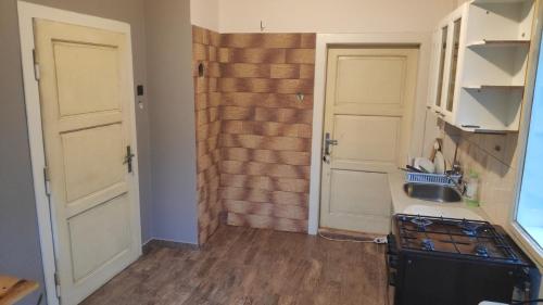 a small kitchen with two doors and a sink at Old Summer House with renovated bathroom in Prague