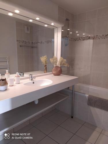 La salle de bains est pourvue d'un lavabo, d'un miroir et d'une baignoire. dans l'établissement Location appartement meublé bord de mer, à Fouesnant