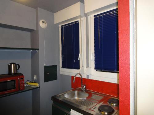 uma pequena cozinha com um lavatório e um micro-ondas em Apollon home Robertsau em Estrasburgo