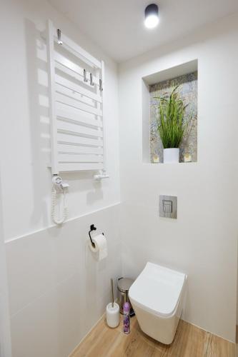 a white bathroom with a toilet and a window at Kamilkowy Apartament in Karpacz