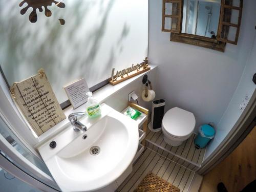 a bathroom with a sink and a toilet at Hausboot Schleuseninsel in Lahnstein