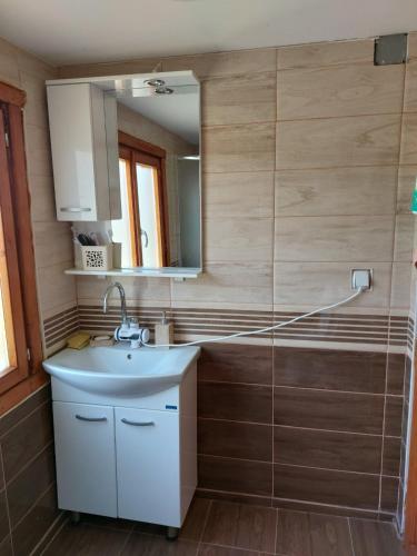 a bathroom with a sink and a shower at Log Cabin in Strezovce in Kumanovo