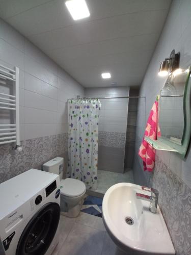 uma casa de banho com um lavatório e uma máquina de lavar roupa em The Yellow Brick Apartment em Tbilisi