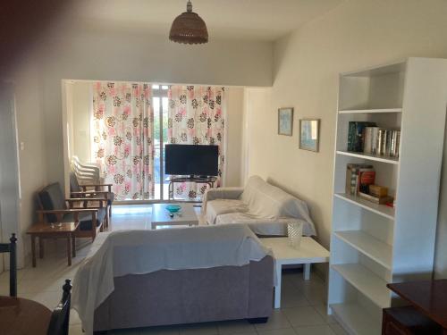 a living room with a couch and a tv at Ekali House Apartments in Limassol