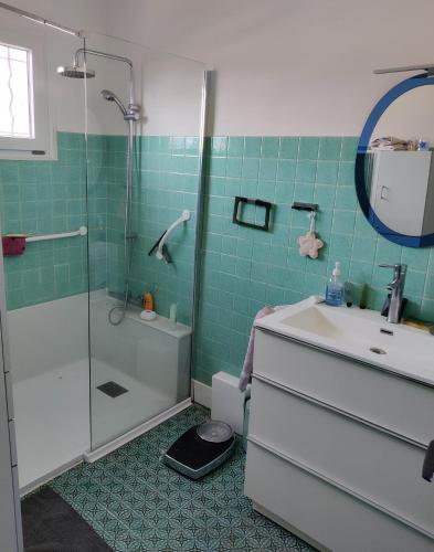y baño con ducha, lavabo y aseo. en Chambre dans propriété La Croix du Sud, en Le Pradet