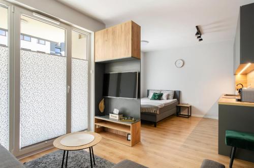 TV a/nebo společenská místnost v ubytování Apartament Jarzębinowy z ogródkiem