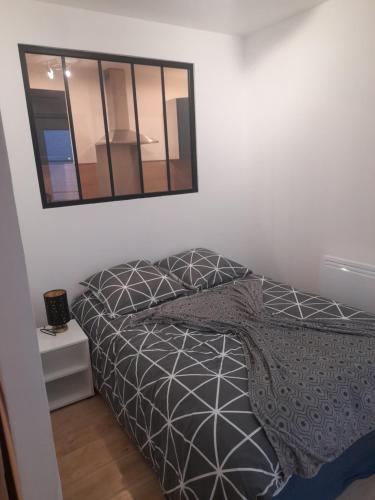 a bedroom with a bed and a mirror on the wall at Appartement de l'épée in Dieppe