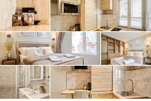 a collage of photos of a bedroom and a bathroom at LES PERLES AMIÉNOISES ☆ WHITE PEARL ☆ HYPER CENTRE ☆ in Amiens
