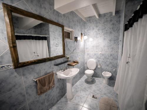 a bathroom with a sink and a toilet and a mirror at Casa Ayülumn in Villa La Angostura