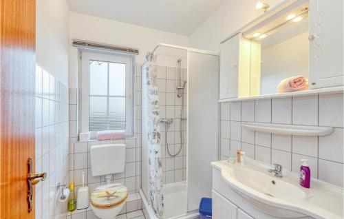 een badkamer met een douche, een wastafel en een toilet bij Fewo Neuschnberg 2, Og in Neu Schönberg
