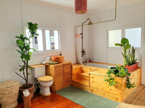 a bathroom with a toilet and some potted plants at Houseboat65 - Historic home on the Nile - Central Cairo in Cairo