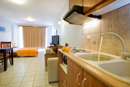 a kitchen with a sink and a living room at Hotel Grand Nefeli in Vasiliki