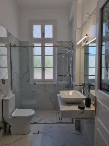 a bathroom with a sink and a toilet and a shower at Hall Apartments & Rooms - by Avelink in Spata