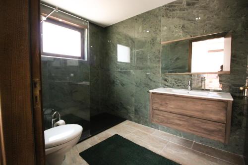 a bathroom with a toilet and a sink and a window at Quinta dos Padrinhos - Suites in the Heart of the Douro in Lamego