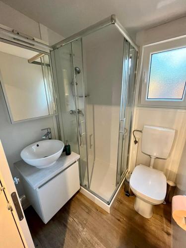 a bathroom with a shower and a sink and a toilet at Mobile Home Karlo in Biograd na Moru