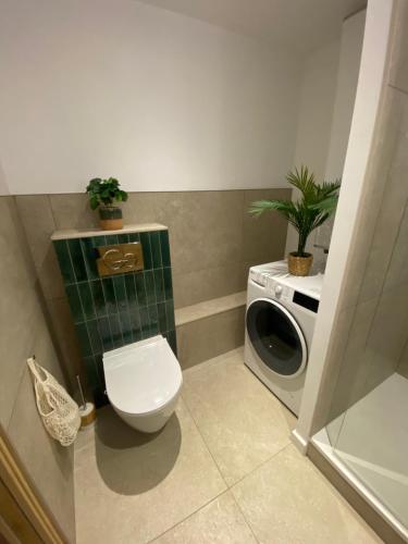 a bathroom with a toilet and a washing machine at Superbe appartement avec piscine in Carqueiranne