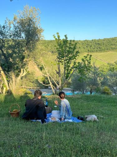 two people sitting on a blanket in the grass at LOCANDA PODERE LE VIGNE in Radda in Chianti