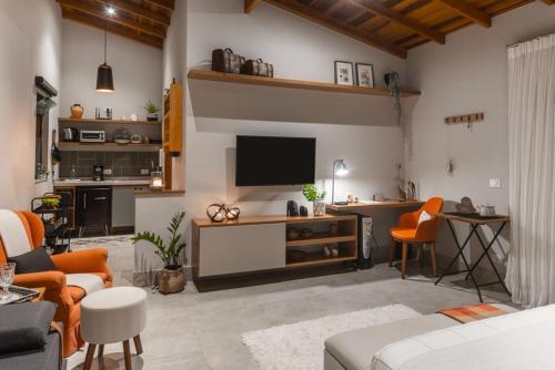 a living room with a flat screen tv on a wall at LOFT LUZ in Santo Antônio do Pinhal