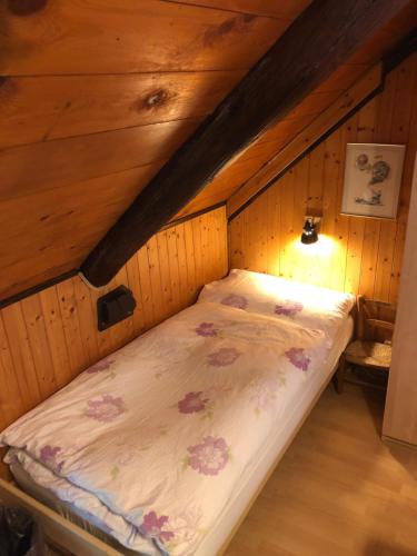 a bed in a room with a wooden ceiling at Cà dal Bosc e Cà sgrüscia in Giumaglio
