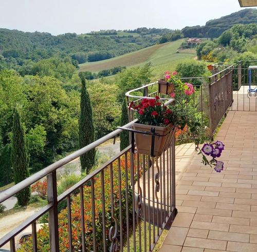 a balcony with a bunch of flowers on it at GLI ALBERI apartment with view in Montepulciano