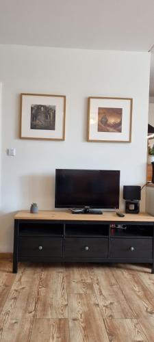 a living room with a television on a table at FeWo Wanderlust in Altenau