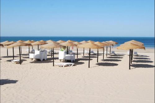 plaża z leżakami i parasolami oraz ocean w obiekcie Chipiona Apartamento Bajo Centro Parking Incluido WiFi GRATIS w mieście Chipiona