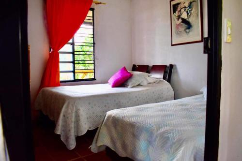 two beds in a room with a window at Saranna Cabaña in San Agustín