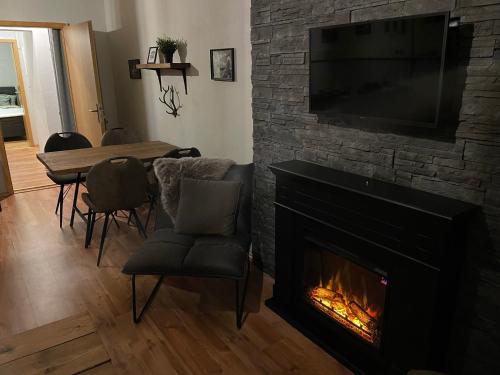 a living room with a fireplace and a television at Bergrauschen - Waldbude in Goslar