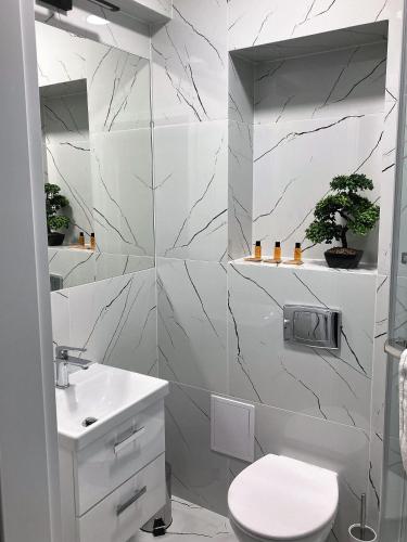 a white bathroom with a toilet and a sink at Apartamenty Planeta Mielno in Mielno