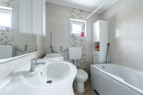 łazienka z umywalką, wanną i toaletą w obiekcie Apartman Tea w mieście Valpovo